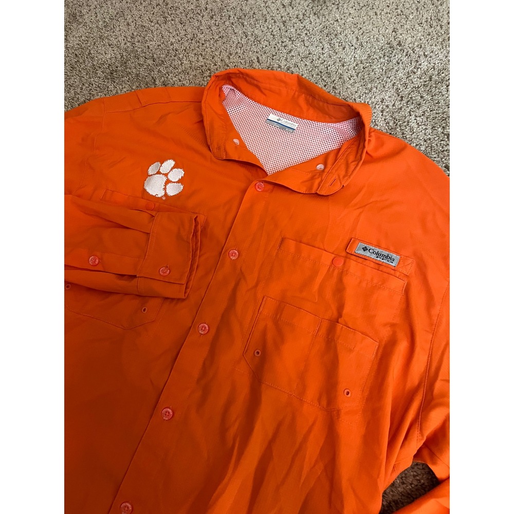 Columbia Mens PFG Clemson Tigers Shirt XL Orange Long Sleeve Vented Fishing